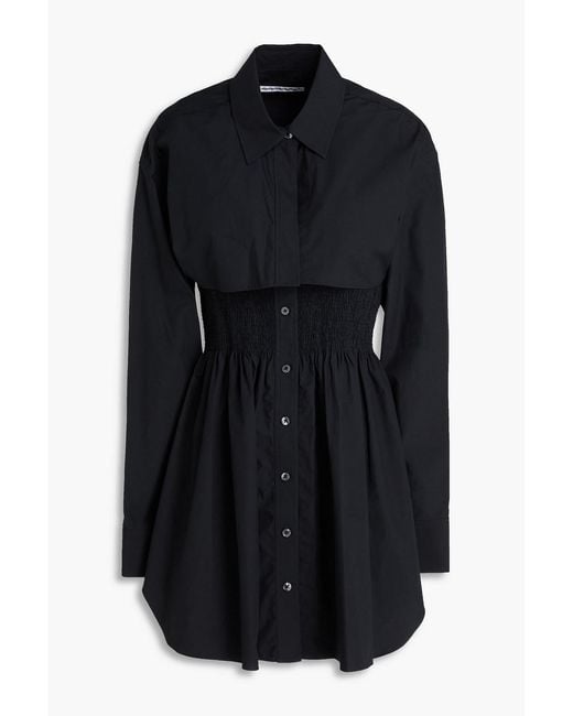 T By Alexander Wang Black Smocked Cotton-Poplin Mini Shirt Dress