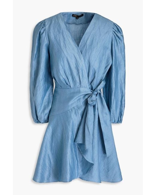 Maje Blue Draped Linen-Blend Mini Wrap Dress