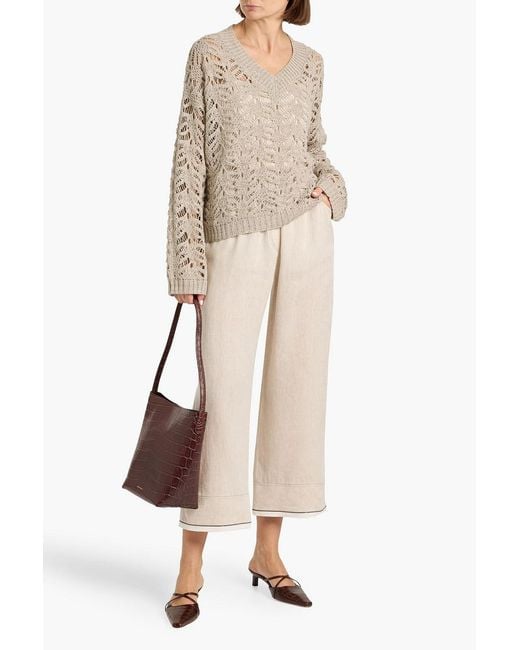 Brunello Cucinelli Natural Sequin-Embellished Crochet-Knit Linen-Blend Sweater