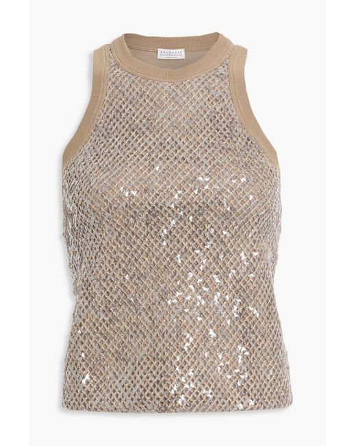 Brunello Cucinelli Natural Sequin-embellished Cotton-blend Jersey And Tulle Tank