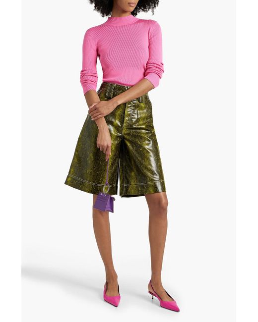 Ganni Green Faux Snake-effect Leather Shorts