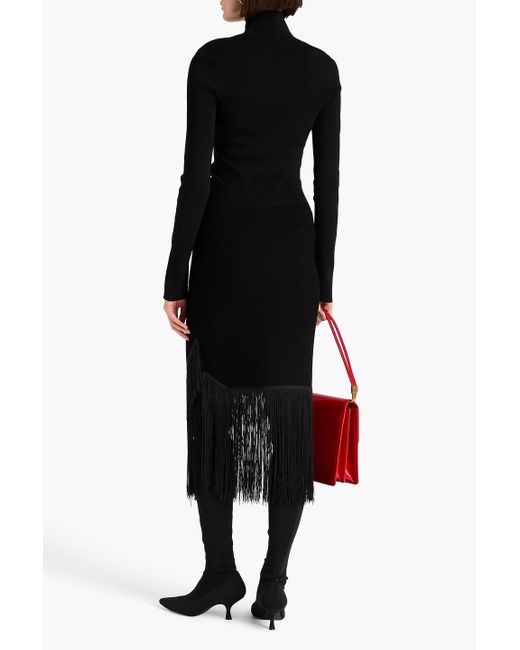 Victoria Beckham Black Fringed Jacquard-knit Midi Skirt