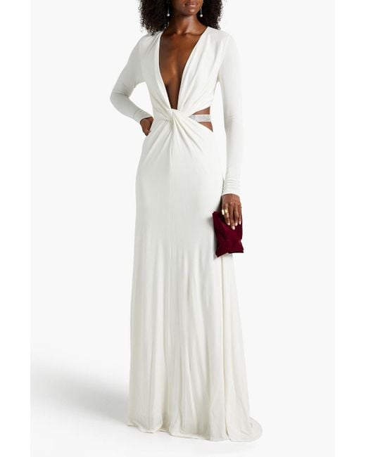 Halston Heritage White Sofia Twist-front Crystal-embellished Jersey Gown