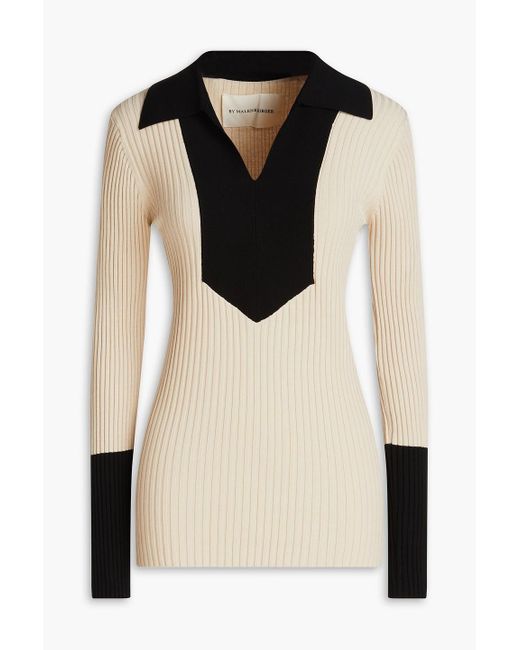 By Malene Birger Black Aneta Two-tone Ribbed Ecovero-blend Polo Sweater