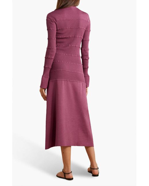 CASASOLA Purple Ruched Ribbed Silk Midi Dress