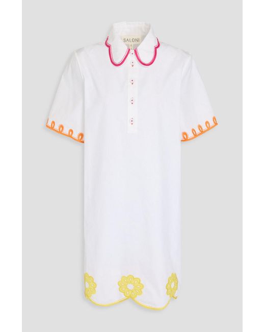 Saloni White Dree Embroidered Cotton-poplin Mini Shirt Dress