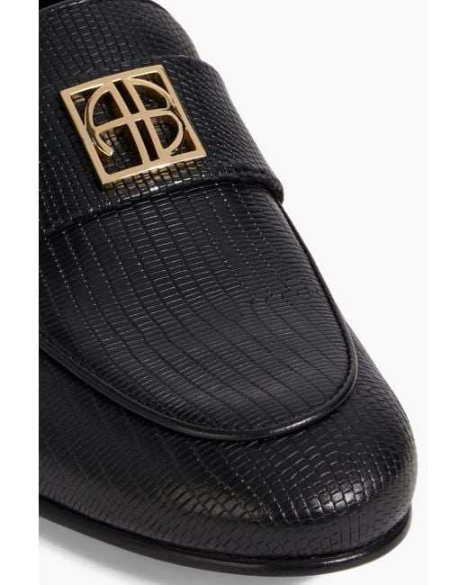 Anine Bing Black Corrine Embellished Lizard-Effect Leather Loafers