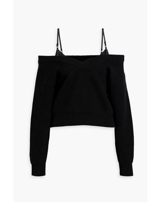 T By Alexander Wang Black Cold-shoulder Ribbed Cotton-blend Sweater