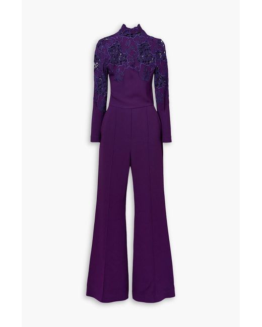 Elie Saab Purple Jumpsuit aus crêpe mit weitem bein und einsätzen aus guipure-spitze
