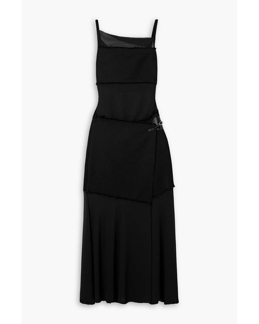Proenza Schouler Black Dani Paneled Faux Leather-Trimmed Chiffon And Frayed Jersey Maxi Wrap Dress