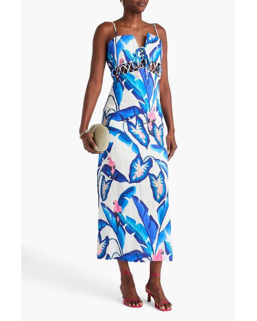 Farm Rio Blue Lace-Up Printed Linen Maxi Dress