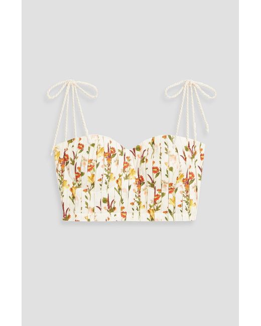Agua Bendita White Moringa Clementina Cropped Pleated Floral-print Linen Bustier Top