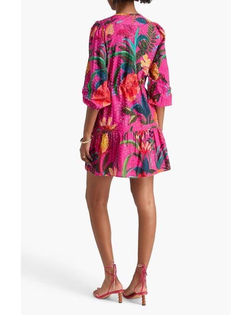 Farm Rio Pink Floral-print Swiss-dot Cotton Mini Dress