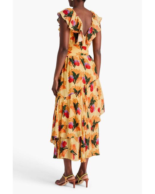 Farm Rio Metallic Ruffled Printed Crepe De Chine Maxi Dress
