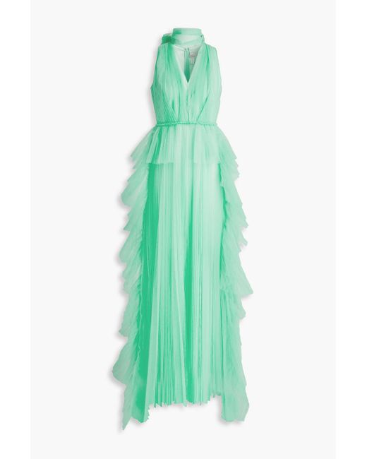 Huishan Zhang Green Pleated Tulle Gown