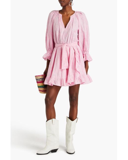 Maje Pink Ruffled Embroidered Cotton Mini Dress