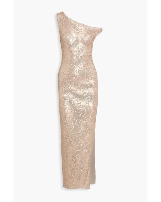 Norma Kamali Natural One-Shoulder Sequined Stretch-Tulle Gown