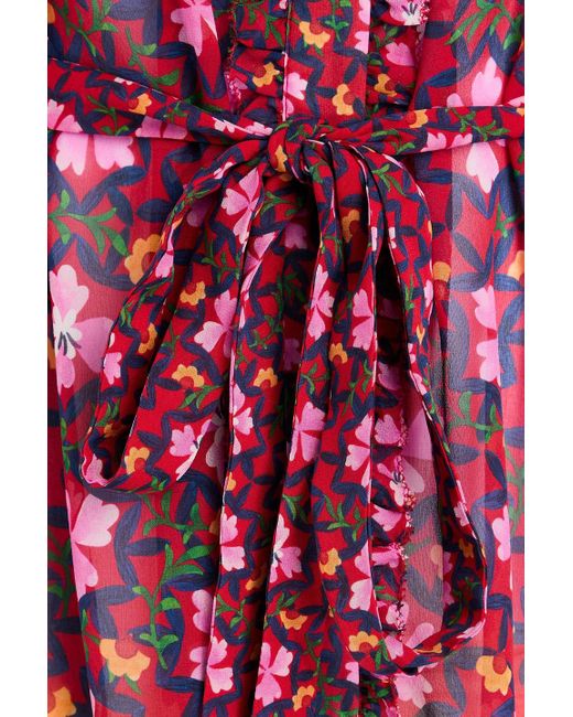 Saloni Red Pixie minikleid aus seidenchiffon mit floralem print und rüschen