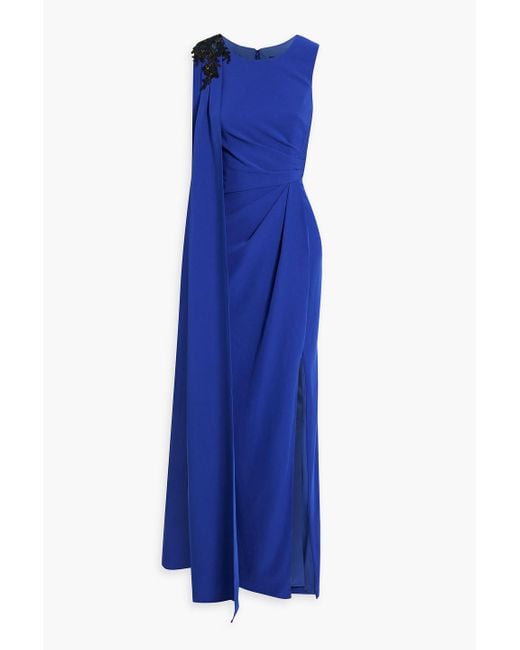 Marchesa Blue Appliquéd Draped Crepe Gown