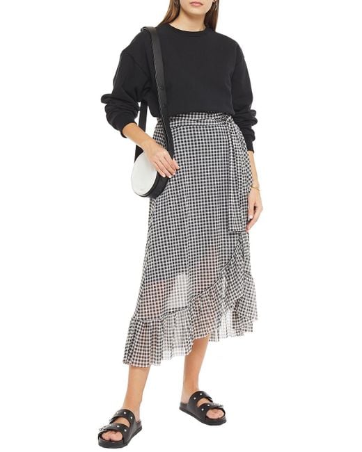 Ganni Ruffle-trimmed Gingham Stretch-mesh Midi Wrap Skirt in Black | Lyst