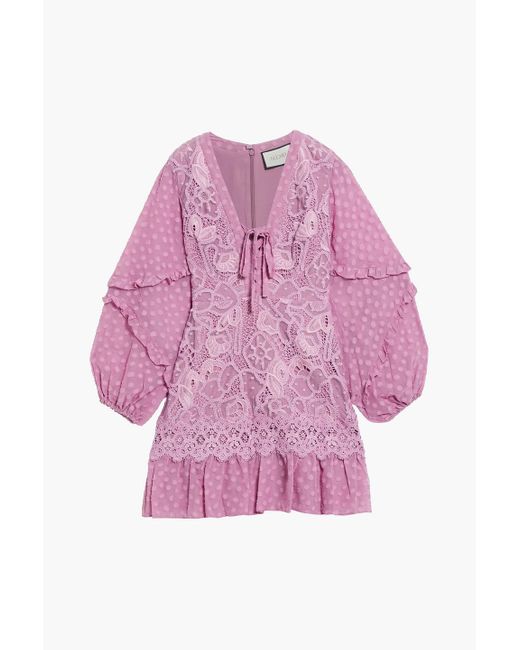 Alexis Purple Malicha Crocheted Lace And Fil Coupé Georgette Mini Dress