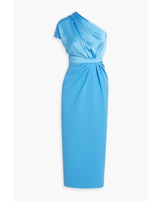 Rhea Costa Blue One-shoulder Draped Satin-crepe Midi Dress