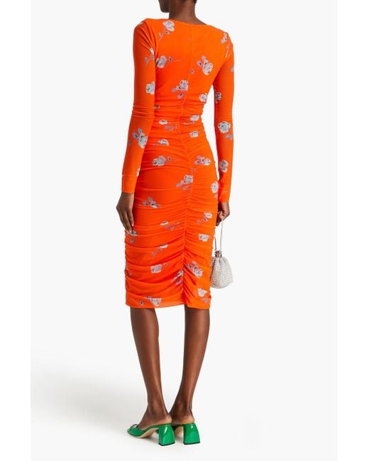 Ganni Orange Ruched floral-print mesh midi dress