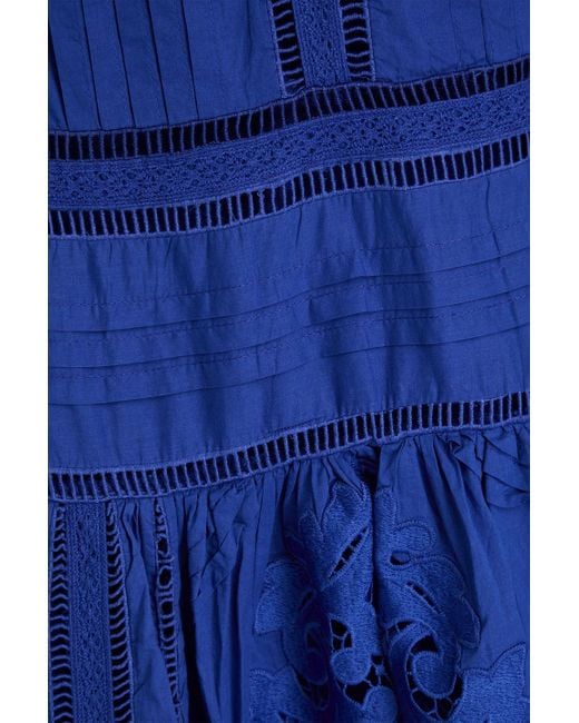 Farm Rio Blue Bead-embellished Guipure Lace-paneled Cotton-voile Maxi Dress
