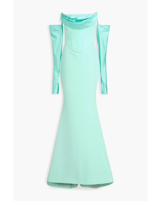 Rhea Costa Green Raven Off-the-shoulder Draped Satin-trimmed Crepe Gown