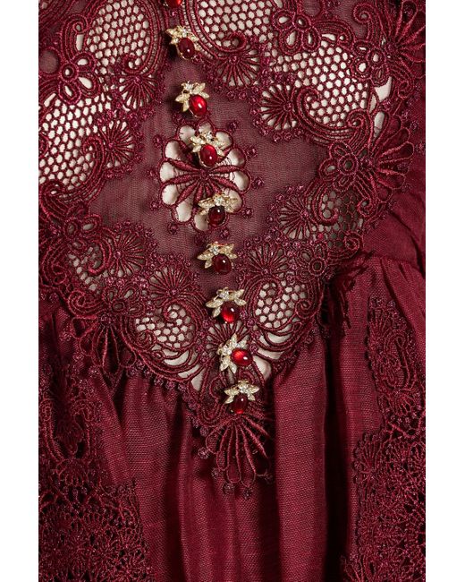 Zimmermann Red Guipure Lace-trimmed Linen And Silk-blend Mini Dress