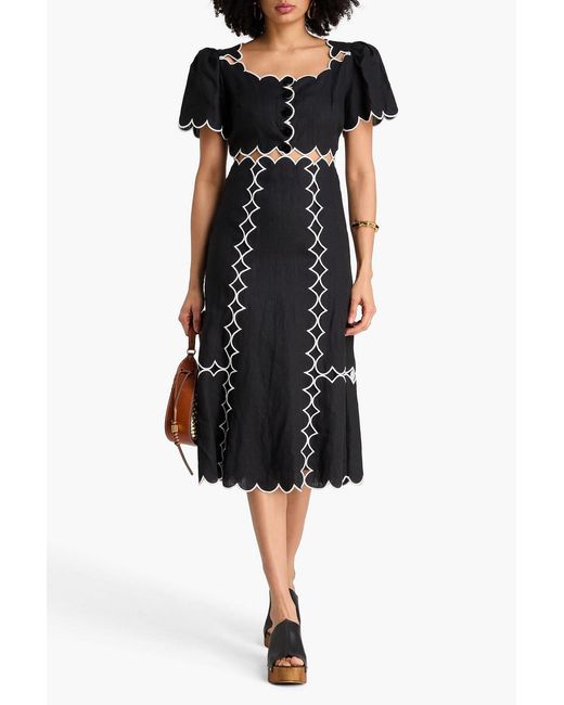 Farm Rio Black Embroidered Linen Midi Dress