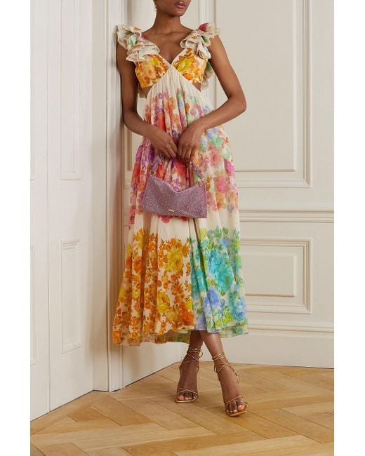 Zimmermann Multicolor Raie Cutout Ruffled Printed Cotton And Silk-blend Chiffon Midi Dress
