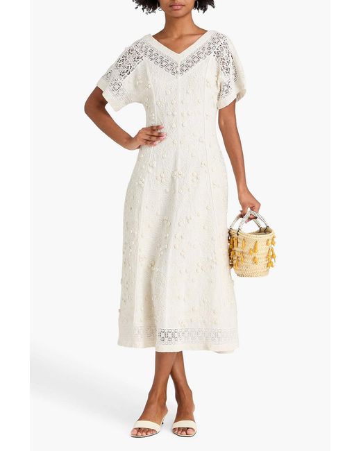 Tory Burch White Embellished Linen And Cotton-Blend Midi Dress