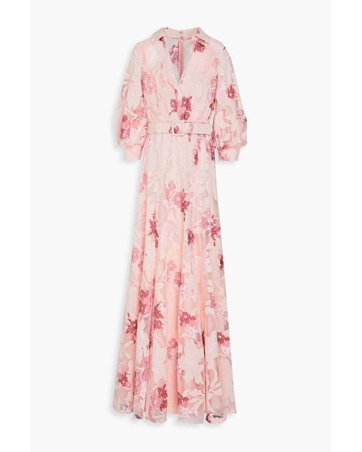 Badgley Mischka Pink Embellished Chiffon And Tulle Maxi Dress