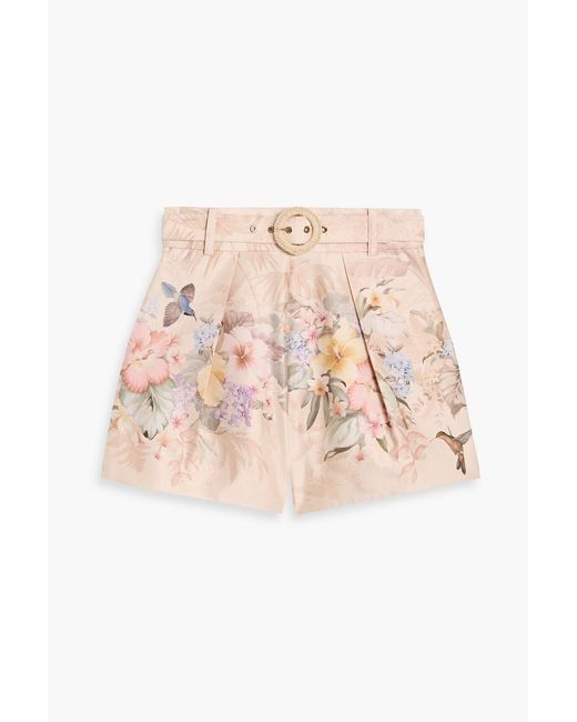 Zimmermann Pink Belted Floral-Print Silk And Cotton-Blend Shorts