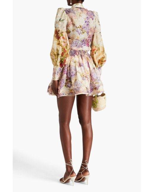 Zimmermann Pink Floral-print Linen And Silk-blend Gauze Mini Skirt