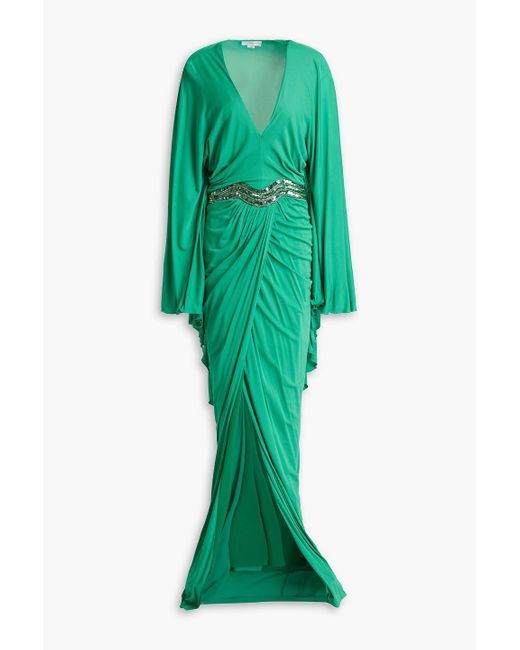 Zuhair Murad Green Cape-effect Ruched Embellished Georgette Gown