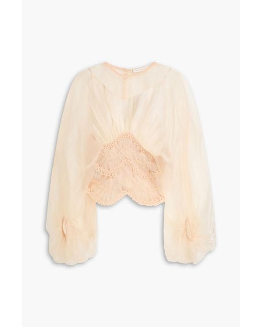 Zimmermann White Macramé-Trimmed Silk-Organza Blouse