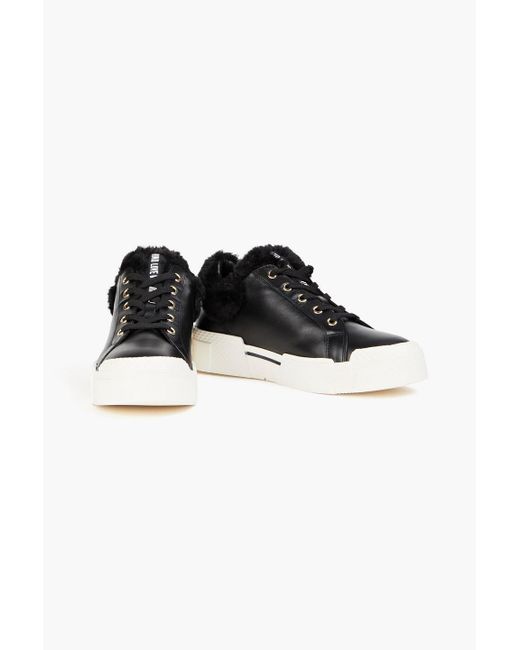 Love Moschino Black Faux Fur-trimmed Leather Sneakers