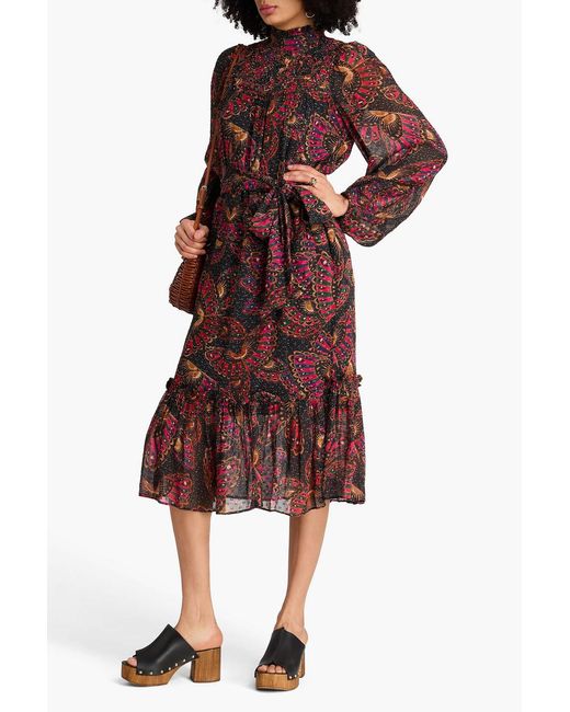 Farm Rio Red Printed Metallic Fil Coupé Chiffon Midi Dress