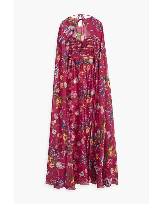 Marchesa Red Cape-effect Floral-print Charmeuse Gown