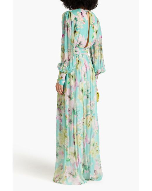 Costarellos Green Gathered Floral-print Crepon Gown