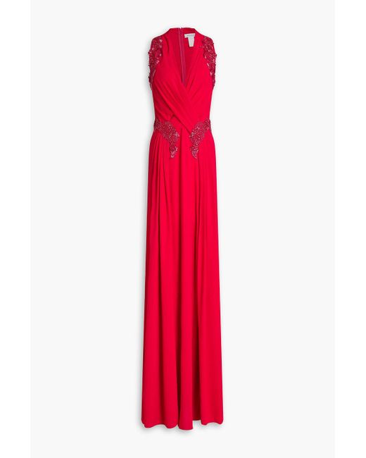Zuhair Murad Red Wrap-effect Embellished Jersey Gown