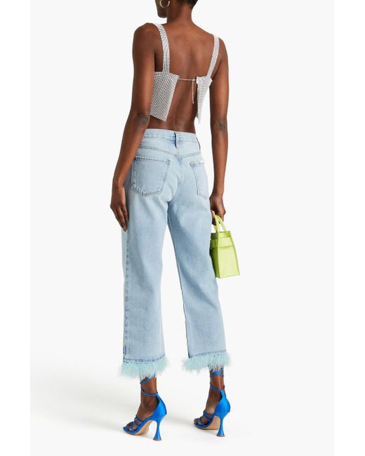 FRAME Blue Cropped Feather-embellished High-rise Straight-leg Jeans
