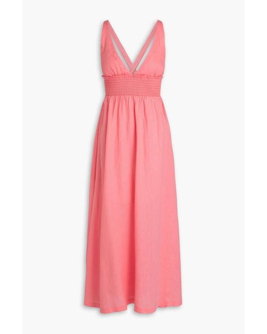 Heidi Klein Pink Lake Garda Smocked Linen Maxi Dress