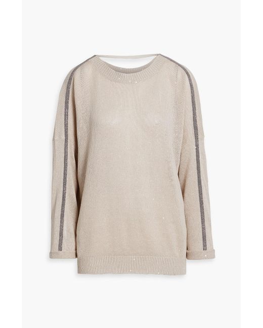 Brunello Cucinelli Natural Bead-Embellished Cutout Linen And Silk-Blend Sweater