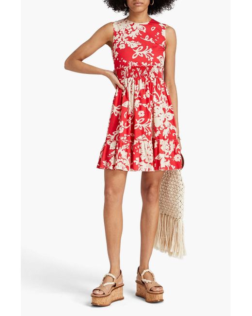 RED Valentino Shirred Printed Cotton-poplin Mini Dress