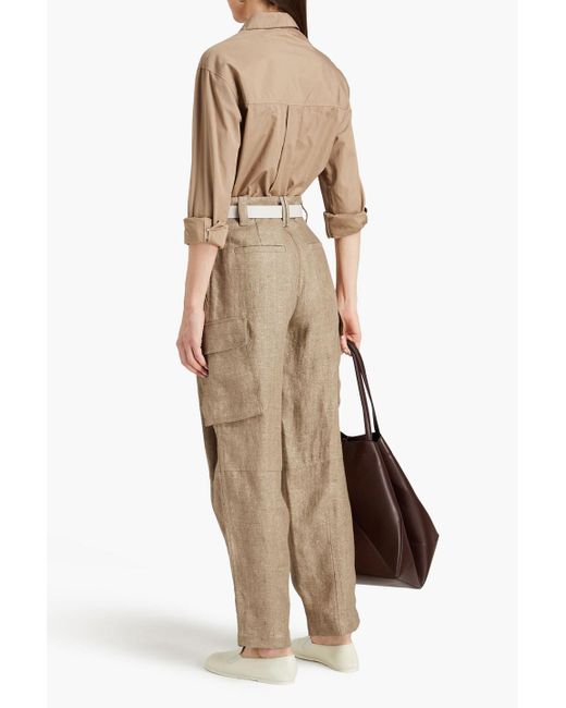Brunello Cucinelli Natural Pleated Metallic Linen-blend Tapered Pants
