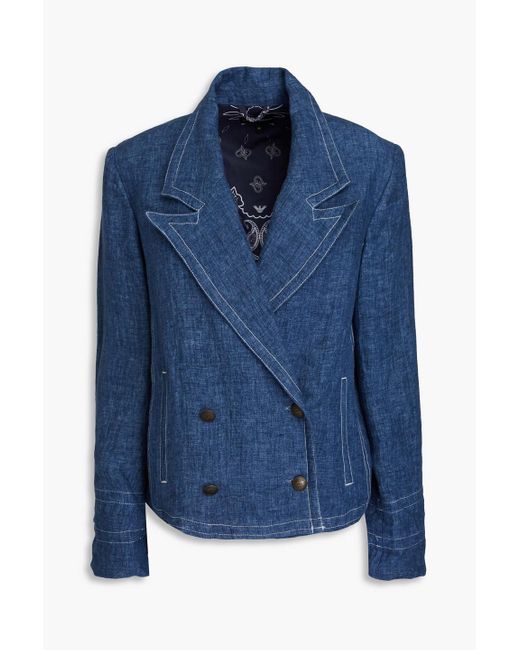 Emporio Armani Blue Double-breasted Linen And Cotton-blend Chambray Blazer