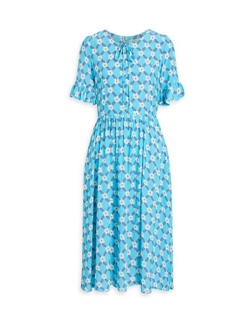 HVN Blue Willow Gathered Printed Crepe Dress
